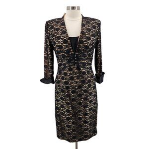 Vintage J.R. Nites Floral Lace Black Tan Two Piece Dress Womens 8